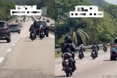 Tangkap layar rakaman video yang menunjukkan aksi berbahaya dilakukan dua wanita di KM375.9 Lebuh raya Utara Selatan berhampiran kawasan Behrang ke Slim River pada 9 Julai lalu.