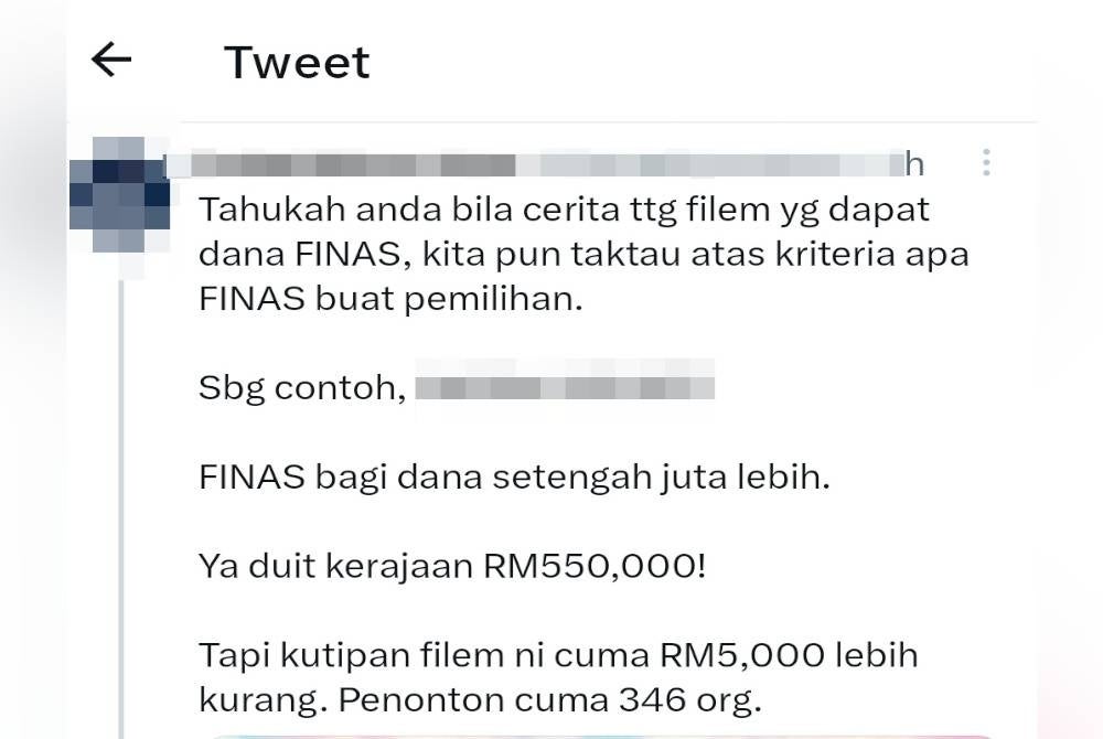 Ciapan Twitter dakwa filem yang mendapat suntikan FINAS gagal meraih kutipan tinggi.