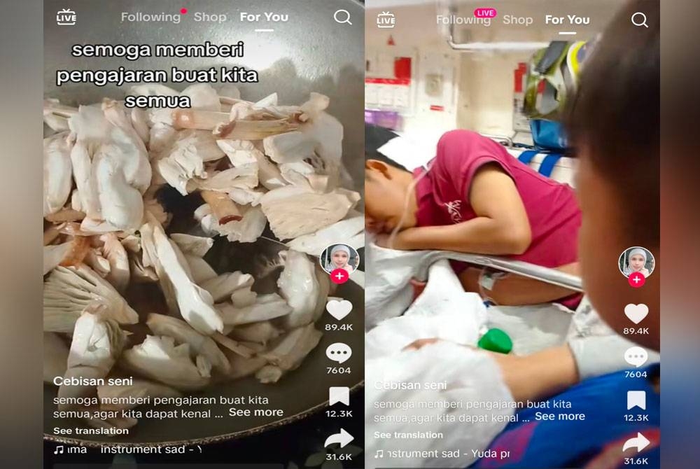 Masieta berkongsi pengalaman di akaun TikToknya agar dapat dijadikan iktibar. Tiga beranak dikejarkan ke hospital selepas sejam makan cendawan beracun yang disangka cendawan busut dalam kejadian di Sungkai, minggu lalu. - Foto: Ihsan pembaca