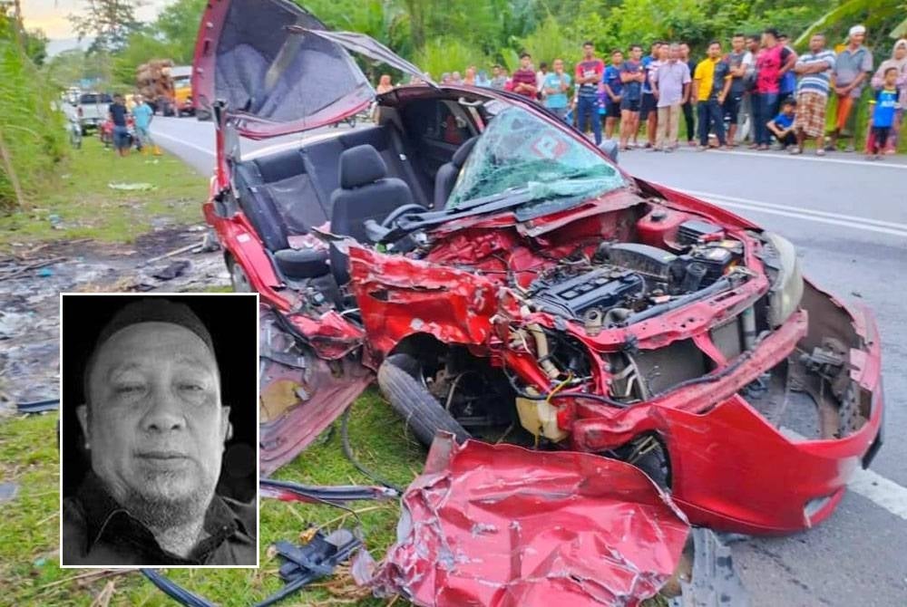 Mohd Zuki dan anak lelakinya maut apabila kereta dinaiki mereka dipercayai bertembung dengan sebuah lori yang membawa muatan kayu. - Foto Ihsan PDRM, gambar kecil: Mohd Zuki Mohamed, 55 - Foto: Media sosial