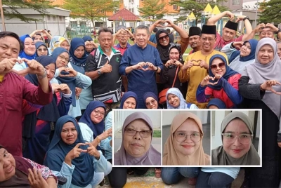 Allahyarham Salahuddin (tengah) dan Zarith Sofieah (depan) selepas mengadakan program di PPR Melana Indah, Johor Bahru, baru-baru ini. (Gambar kecil: Kalsom, Hafizah, dan Nurul Hasmidah)