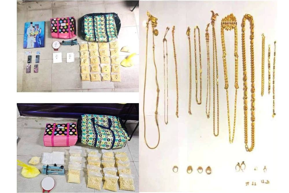 Rampasan dadah dan barang kemas hasil penahanan sepasang suami isteri yang dipercayai terlibat dalam sindiket pengedaran dadah pada Ahad lepas. - Foto ihsan Polis Perak