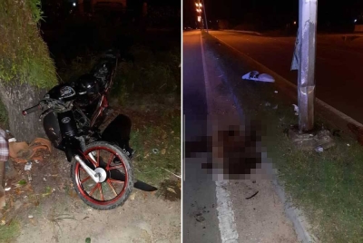 Remaja maut selepas motosikal ditunggangnya terbabas dan melanggar tiang lampu di Jalan Pohon Batu, Kampung Lajau, Labuan pada awal pagi Selasa. - Foto FB Jabatan Penerangan WP Labuan