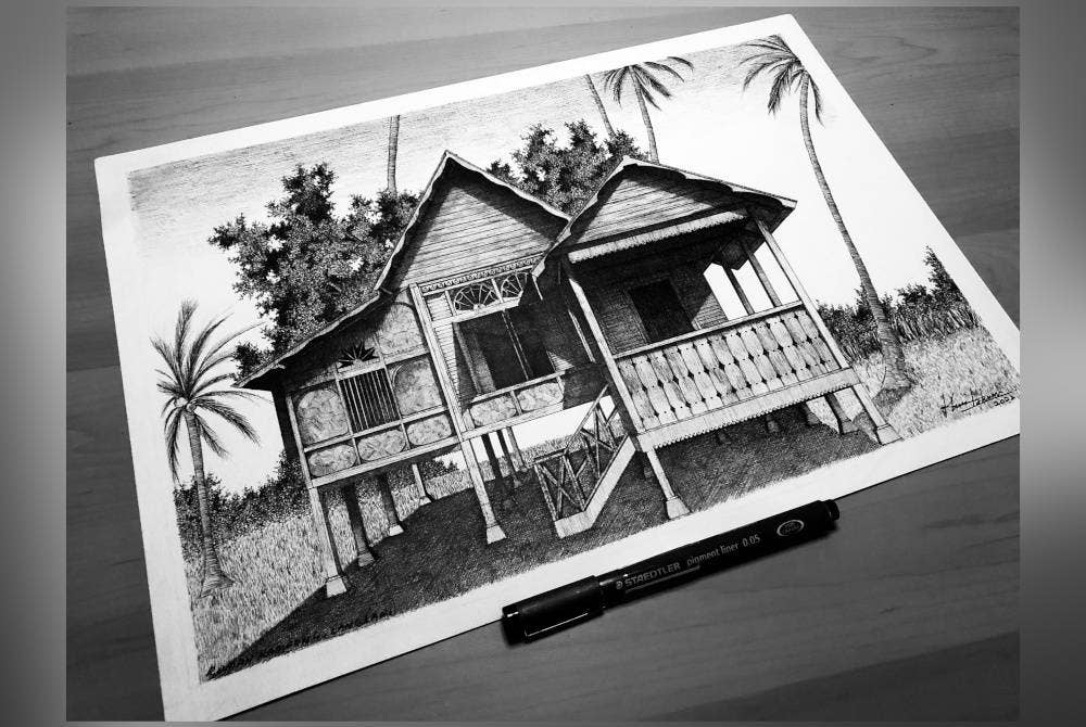 Selain bangunan, Khairunnisa turut menggunakan teknik hatching untuk mengetengahkan lukisan berunsurkan landskap, pokok serta suasana hutan.