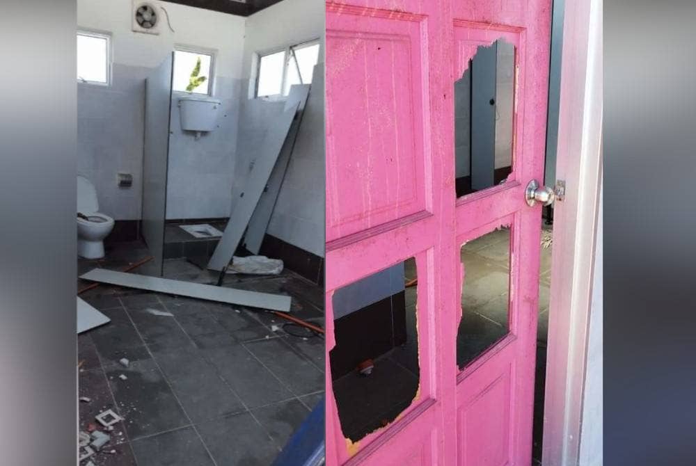 Keadaan dalam tandas yang rosak teruk dan pintu tandas belubang akibat perbuatan vandalisme