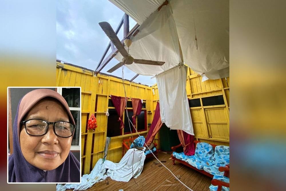 Keadaan rumah Mahkalsom yang dipukul ribut dalam kejadian di Kampung Berangan, Selising pada Rabu. Gambar kecil: Mahkalsom