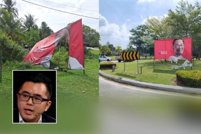 Papan iklan Malaysia Madani dibakar dan dirosakkan pihak tidak bertanggungjawab di Batu Arang dan Saujana Rawang. Gambar kecil: Wei Kiat