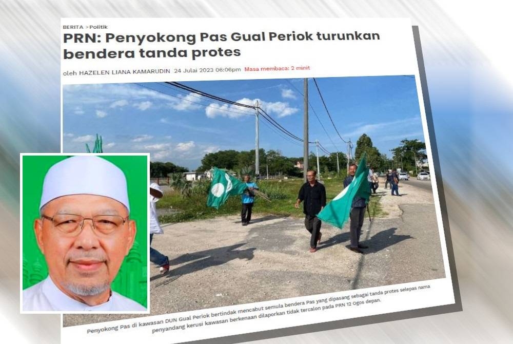 Sinar Harian sebelum ini melaporkan, beberapa penyokong Pas di kawasan DUN Gual Periok sepakat menurunkan bendera parti itu selepas nama penyandang kerusi kawasan berkenaan, Datuk Mohamad Awang atau Ustaz Mad dilaporkan tidak tercalon pada PRN 12 Ogos depan. Gambar kecil: Ahmad Yakob