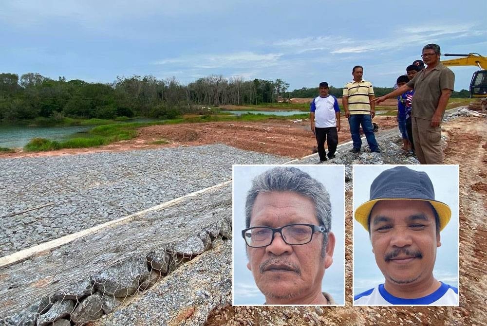 Pembinaan pintu air bagi projek PLSB Sungai Golok sudah hampir siap. Gambar kecil dari kiri: Mohd Ariffin, Haris Mahmod