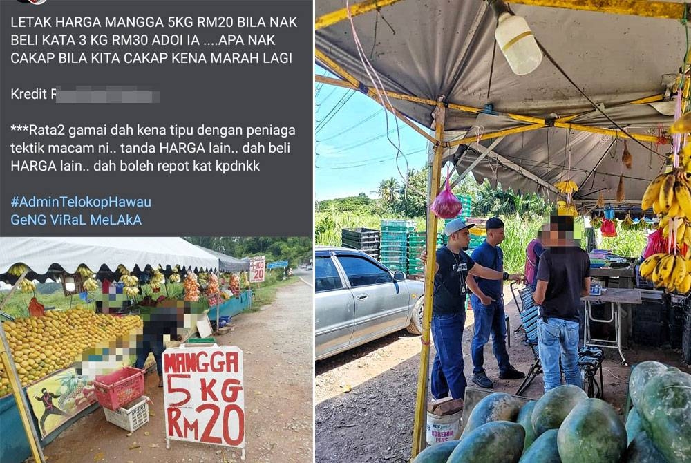 Penguat kuasa KPDN Melaka melakukan pemeriksaan di kedai buah di Masjid Tanah pada Rabu.