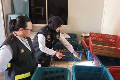 Pegawai Jabatan Kesihatan Negeri Melaka memeriksa kebersihan kilang memproses makanan di Batu Berendam. - Foto JKNM