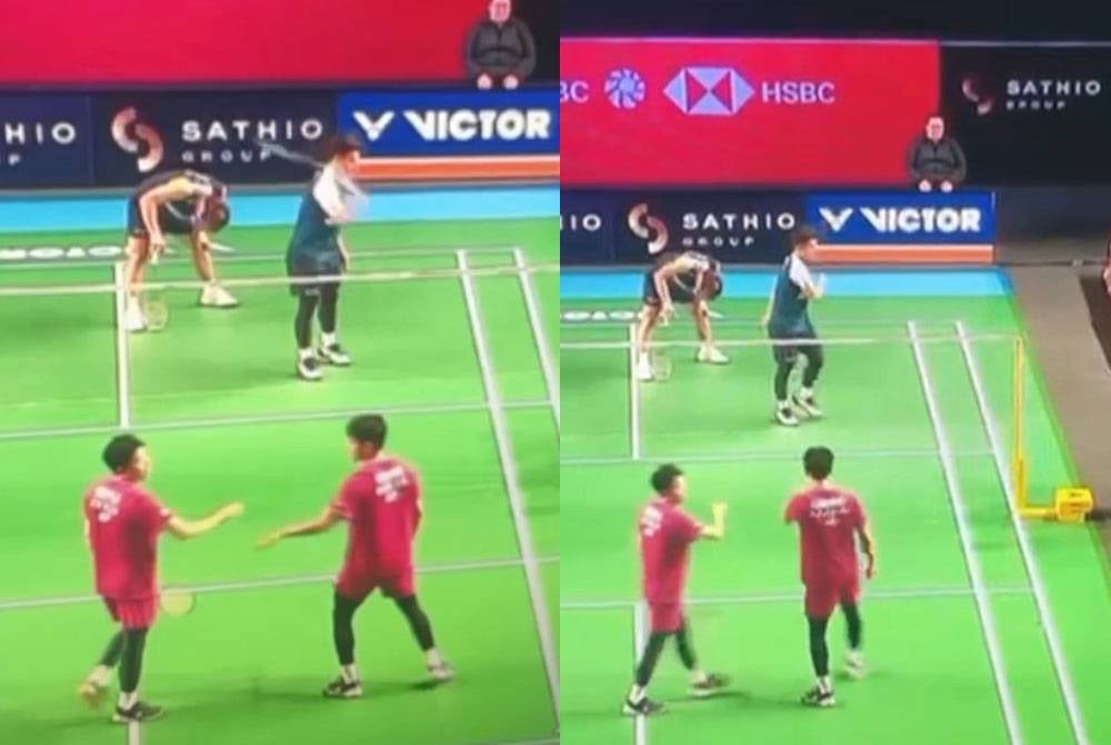 Tangkap layar video yang memaparkan Nur Izzuddin menghempaskan raket ke gelanggang selepas perlawanan tersebut.