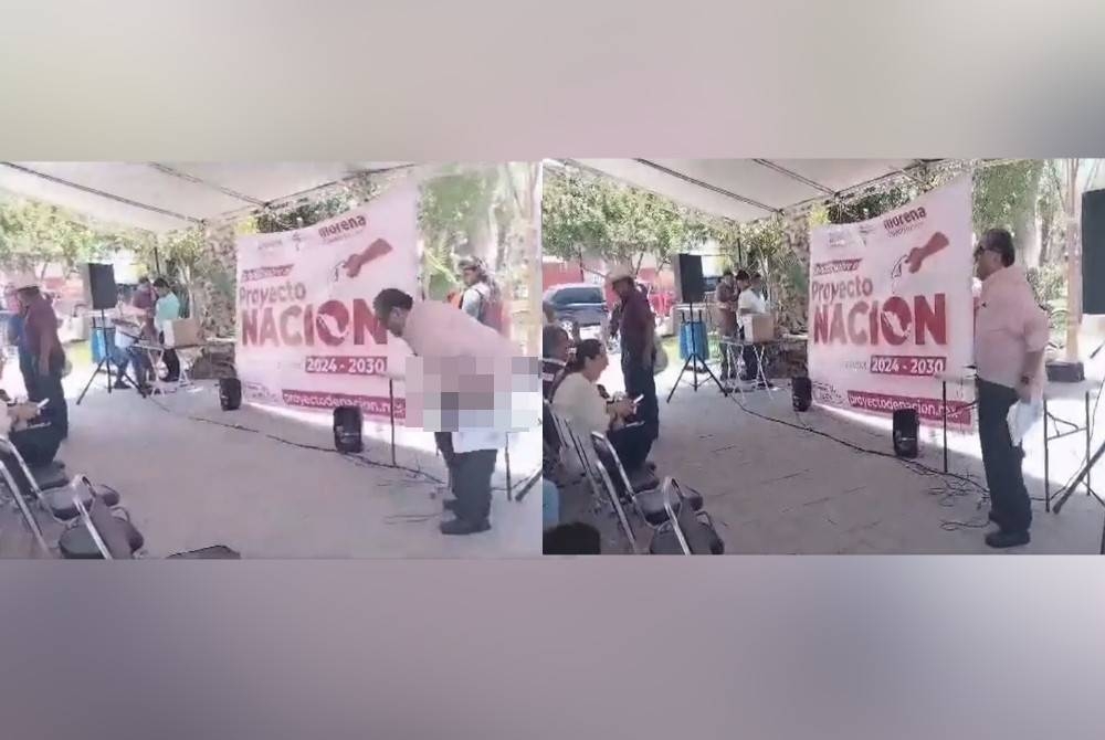 
Seluar dipakai Borrego tiba-tiba terlondeh ketika berucap di hadapan orang ramai. - Foto Agensi