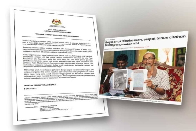 Sinar Harian pada Isnin melaporkan R Rama Chandran merayu anak lelakinya dapat dibebaskan segera selepas empat tahun ditempatkan di pusat tahanan imigresen kerana kesalahan tidak mempunyai kad pengenalan diri. Gambar kiri: Tangkap layar kenyataan Jabatan Pendaftaran Negara (JPN) pada Selasa berhubung isu seorang tahanan depot Imigresen kerana tiada MyKad.