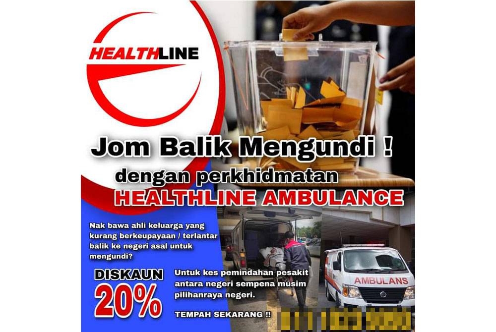 Poster pakej Jom Balik Mengundi yang ditawarkan pihak Healthline Ambulance