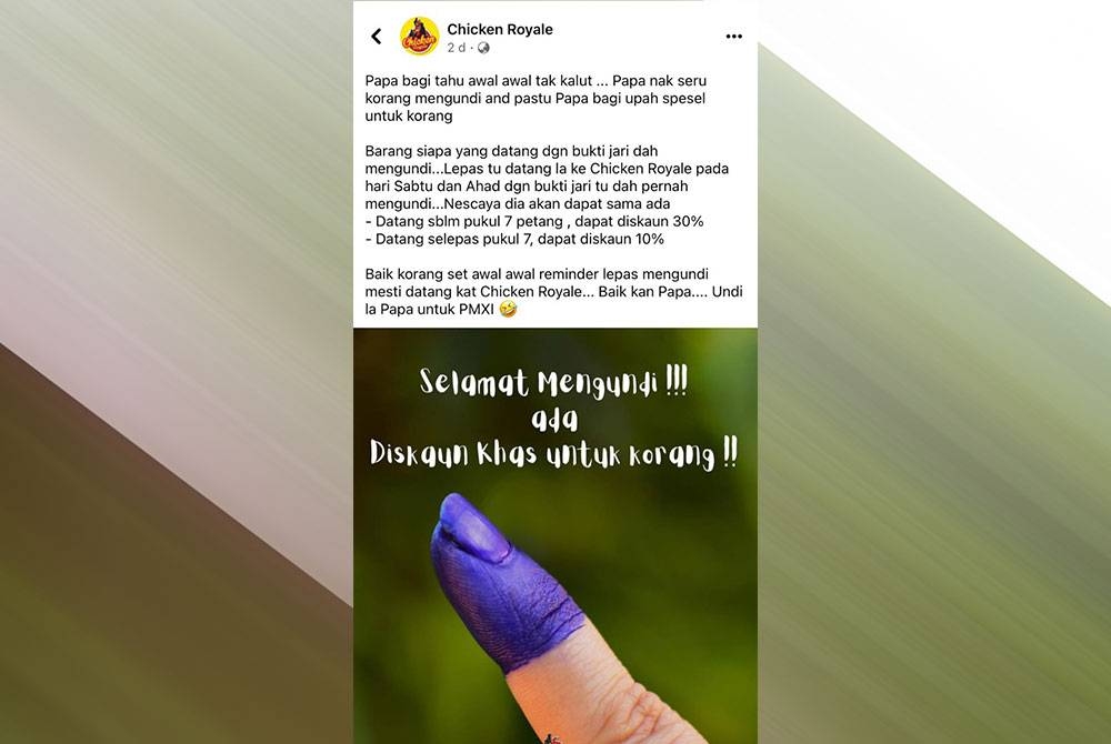 Chicken Royale menawarkan potongan harga sehingga 30 peratus bagi pelanggan dengan jari berdakwat biru.