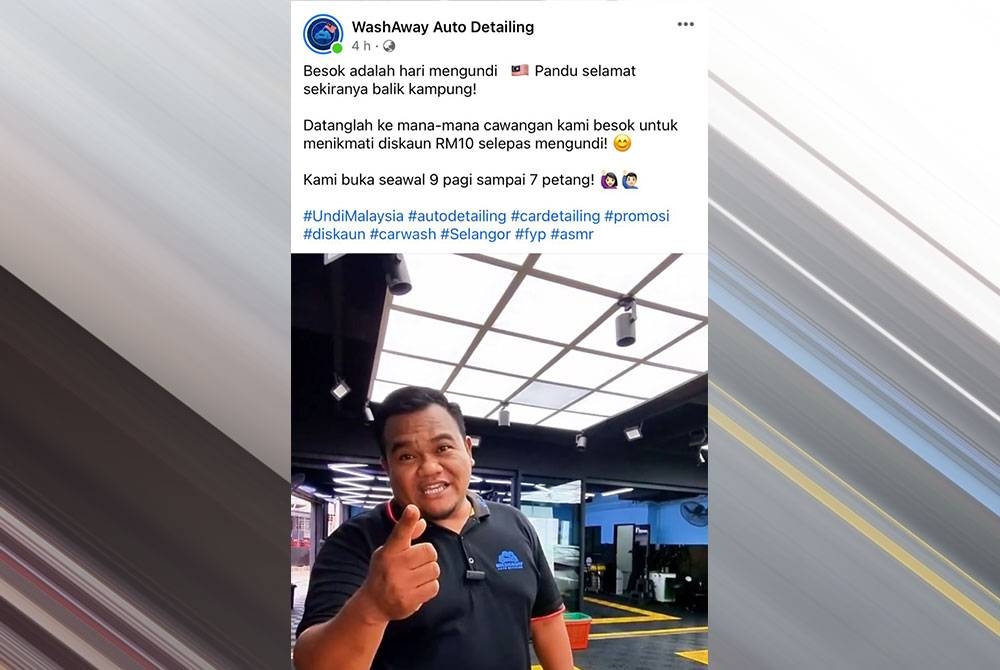 WashAway Auto Detailing memberikan potongan harga sebanyak RM10 kepada pelanggan dengan jari berdakwat biru.