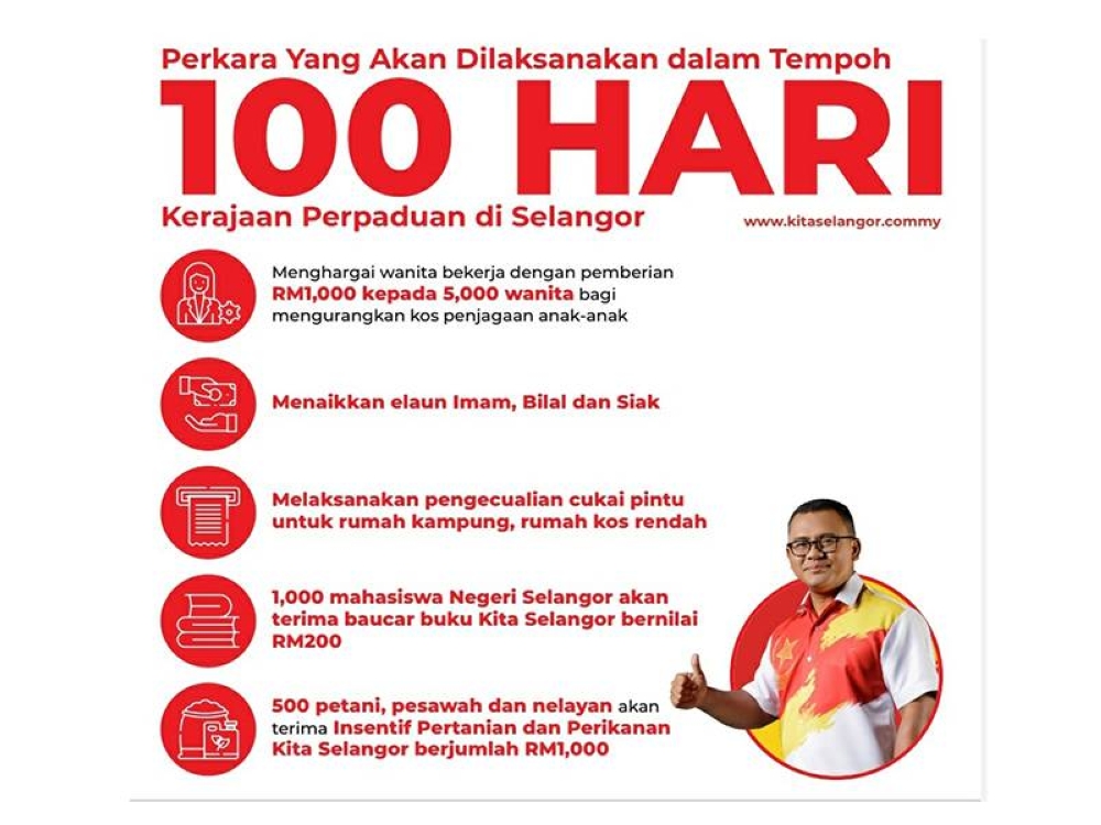 Info grafik mengenai lima 'Tawaran Kita Selangor' dalam tempoh 100 hari sekiranya PH-BN kembali memerintah Selangor