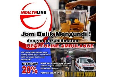 Poster pakej Jom Balik Mengundi yang ditawarkan pihak Healthline Ambulance