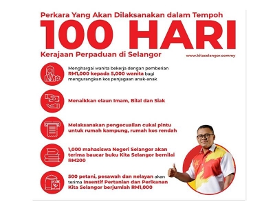 Info grafik mengenai lima 'Tawaran Kita Selangor' dalam tempoh 100 hari sekiranya PH-BN kembali memerintah Selangor