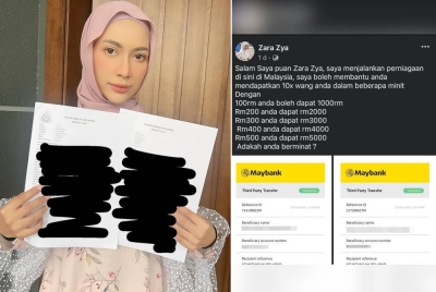 Zara Zya menunjukkan laporan polis yang dibuat di IPD Shah Alam Jumaat lalu. (Kanan: Iklan penipuan di dalam Facebook)