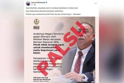 Poster tular yang mendakwa Saarani mengeluarkan kenyataan tidak akan teragak-agak membuat satu keputusan ‘besar’ sekiranya Negeri Sembilan gagal diterajui oleh Menteri Besar dalam kalangan Ahli Dewan Undangan Negeri BN.