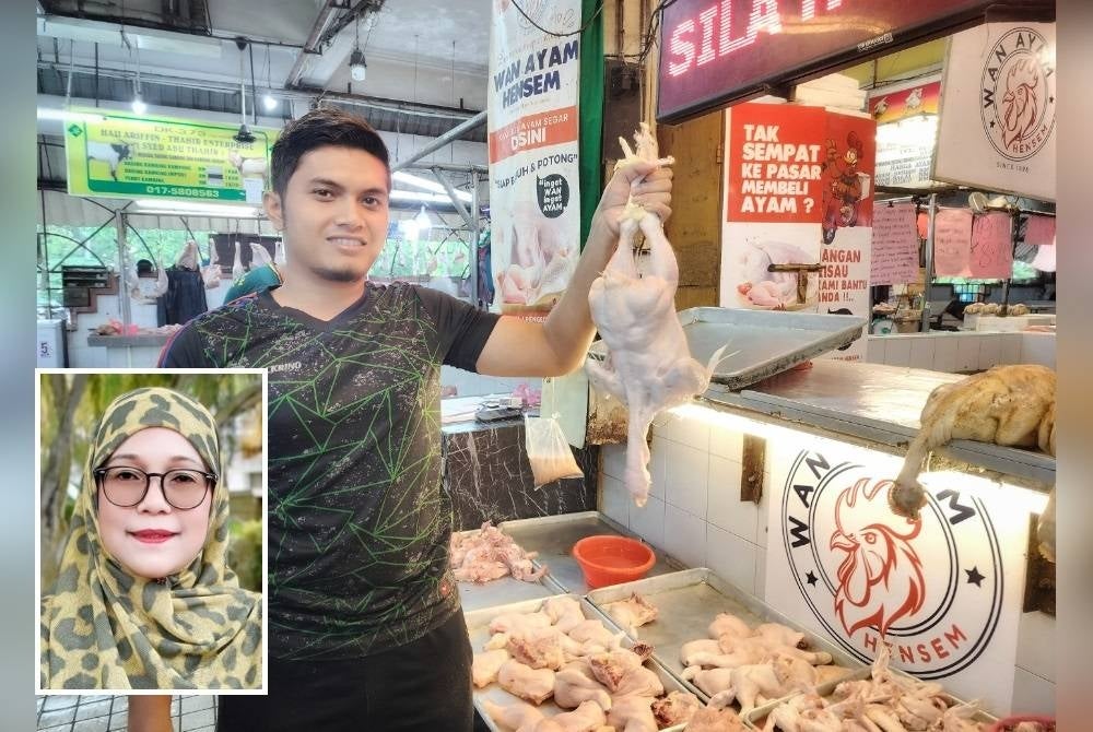 Wan Mohamad Afiq menunjukkan ayam segar yang dijual pada harga RM9 sekilogram di Pasar Besar Alor Setar. (Gambar kecil: Mazlina)