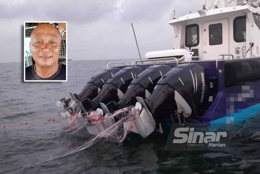 Bot penguat kuasa Singapura yang didakwa nelayan tempatan melanggar jaring mereka di Selat Tebrau pada Selasa. (Gambar kecil: Faizan)