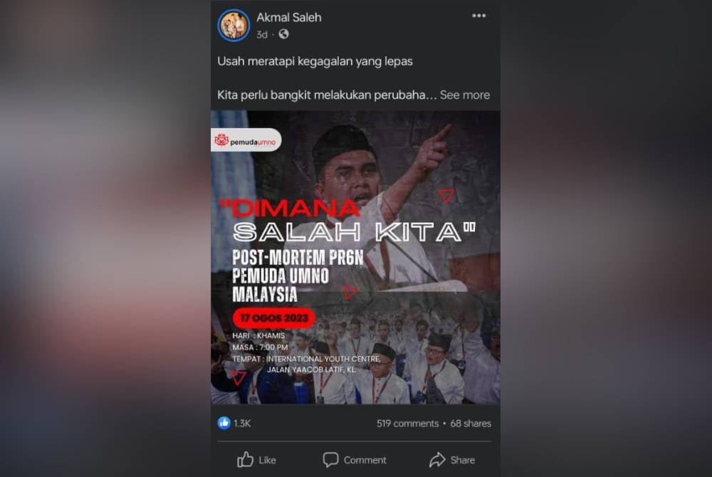 Tangkap layar hantaran oleh Muhamad Akmal Saleh di Facebook pada Jumaat.