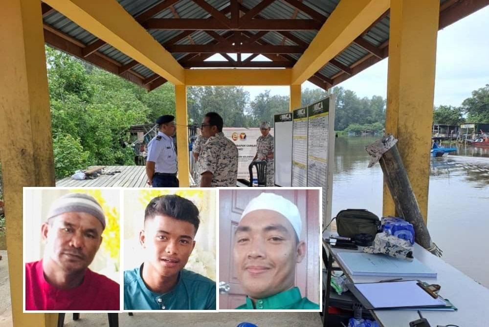 Maritim Malaysia Kelantan sedang mengaktifkan Carilamat tiga nelayan dikhuatiri hilang di Jeti LKIM Kuala Kemasin, Bachok. Gambar kecil dari kiri: Rohimi, Nik Muhammad Syafiqrullah, Muhammad Amir Zulfikar