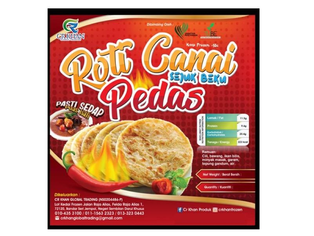 Produk keluaran CR Global Trading antaranya roti boom, roti canai pedas, roti paratha dan capati.