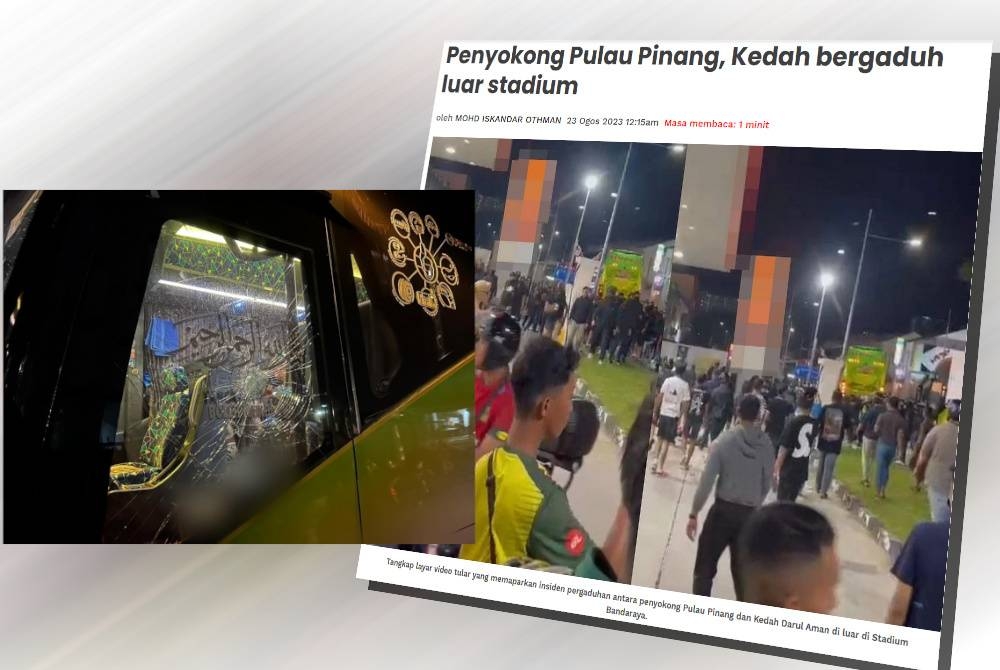 Cermin bas yang dinaiki penyokong Kedah pecah dalam insiden pergaduhan di luar Stadium Bandaraya, pada malam Selasa.