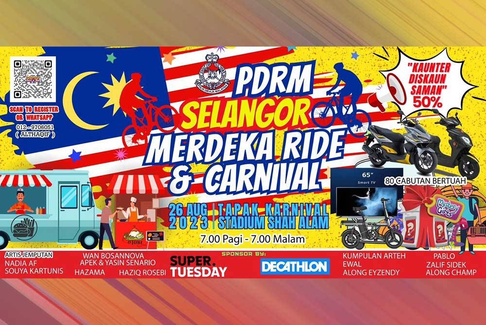 PDRM Selangor Merdeka Ride and Carnival 2023 akan berlangsung di tapak karnival Stadium Shah Alam pada Sabtu.