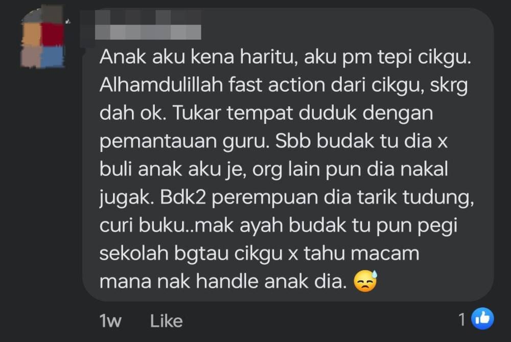 Tangkap layar komen yang ditinggalkan seorang warga maya yang mendakwa anaknya juga menjadi mangsa buli di sekolah.