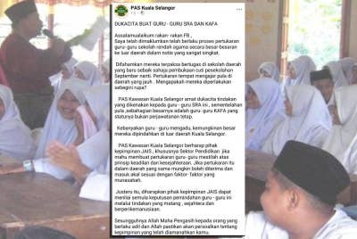 Tangkap layar kenyataan Pas Kawasan Kuala Selangor di Facebook.