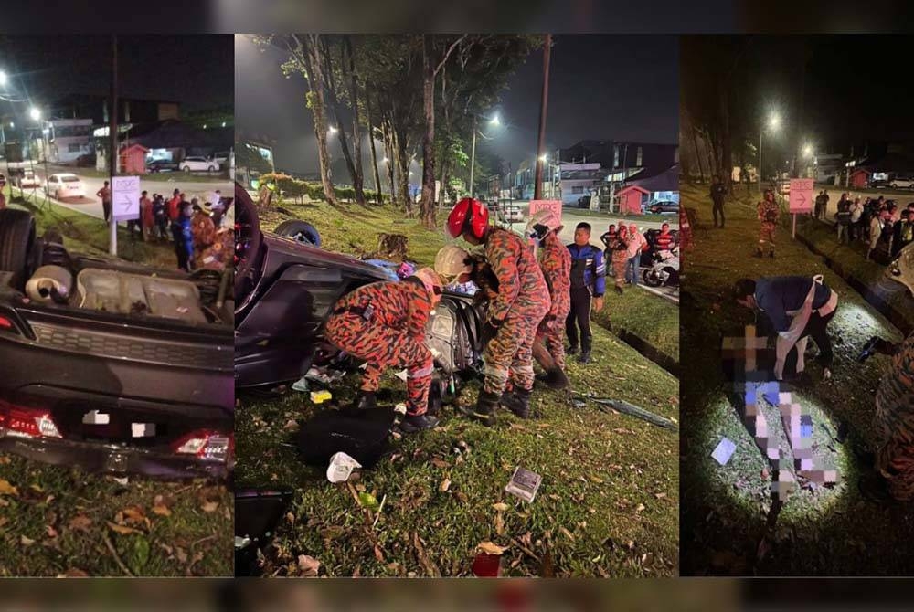 Anggota bomba mengeluarkan mangsa yang tersepit selepas kereta dinaiki mereka terbabas dan melanggar pokok di Jalan Abdul Razak, Johor Bahru pada Sabtu. - Foto: Bomba