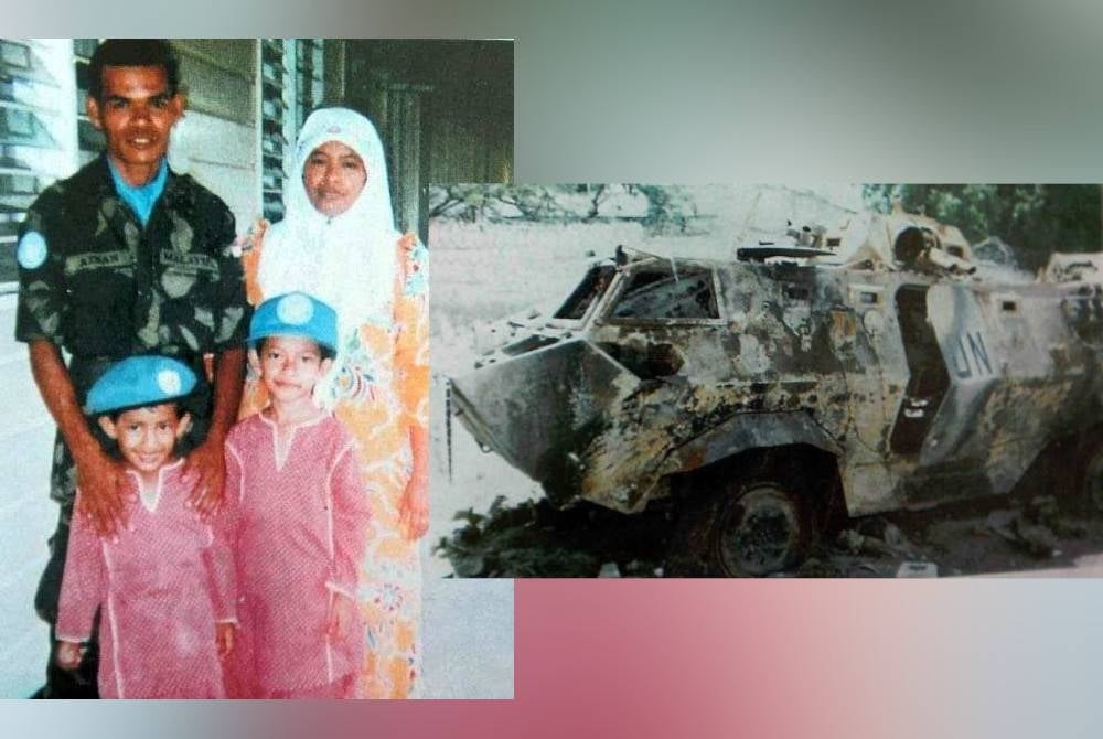 Noor Azlinda (depan kanan) bersama ibu, adik dan Allahyarham bapanya yang terkorban dalam misi menyelamatkan 70 anggota elit AS yang terperangkap di Pasar Bakara, Mogadishu, Somalia sekitar Oktober 1993. Keadaan kenderaan APC yang dipandu Allahyarham Koperal Mat Aznan Awang ditembak dengan senjata antikereta kebal dari arah hadapan yang menembusi cermin kalis peluru sehingga mengenai bahunya. - Foto Sumber Facebook
