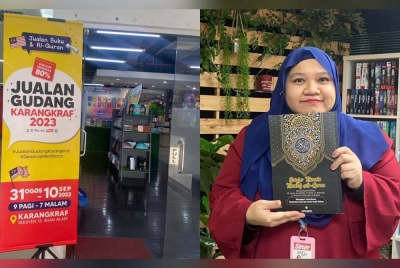  Jualan Gudang Karangkraf 2023 bakal berlangsung di Kompleks Kumpulan Karangkraf bermula 31 Ogos hingga 10 September ini. Nurul Farehah Mohd Lokman bersama buku menulis mushaf yang menjadi antara tarikan di Jualan Gudang Karangkraf 2023.