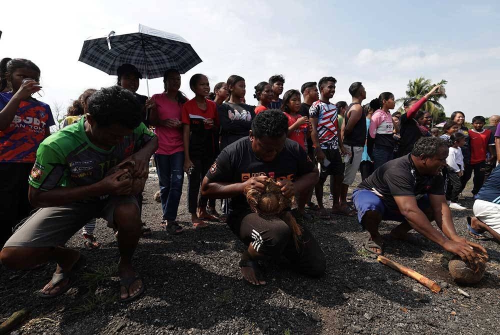 Masyarakat Orang Asli bersemangat menyertai acara mengupas kelapa menggunakan kayu.
