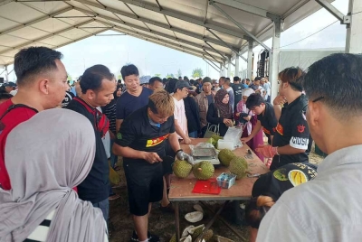 Orang ramai memanfaatkan musim cuti persekolahan kali ini untuk menikmati pelbagai jenis durian, termasuk durian premium sempena Pesta Durian Ganu Kita di Dataran Jambatan Angkat, di sini pada Jumaat.