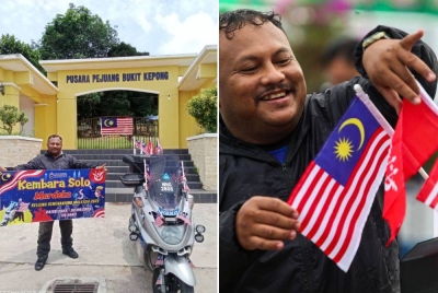 (Gambar kiri) Halim bergambar di hadapan pusara perajurit yang terkorban dalam peristiwa serangan di Bukit Kepong, Johor. (Gambar kanan) Halim membetulkan bendera pada skuternya.
