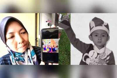 Kamisah menunjukkan gambar terakhirnya bersama Iman (kanan) yang menang pertandingan pakaian sempena hari Kebangsaan di sekolahnya.