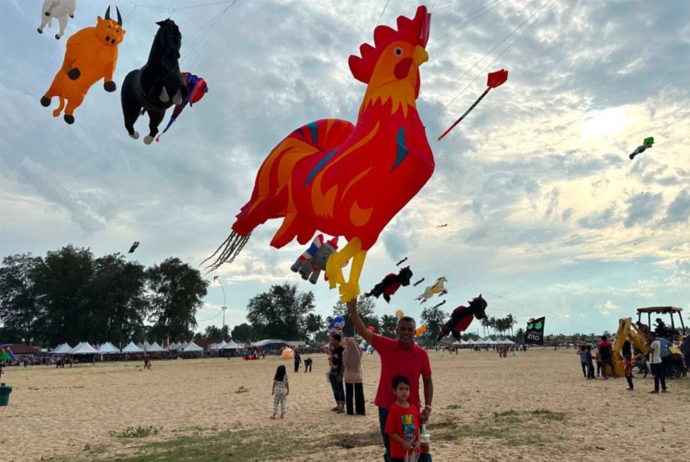 Mohd Ariff memegang layang-layang berbentuk ayam dari negara China.