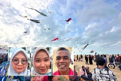 Pengunjung yang mengambil peluang beridah dengan menghamparkan tikar sambil menyaksikan layang-layang di udara. Gambar kecil dari kiri: Nur Azihan, Anis Azwa, Mohd Ariff