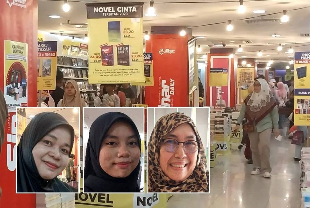 Pengunjung masih berlegar di sekitar jualan di lobi utama Kompleks Kumpulan Karangkraf pada hari terakhir. Gambar kecil dari kiri: Idayu, NurAdlina, Sa'adiah