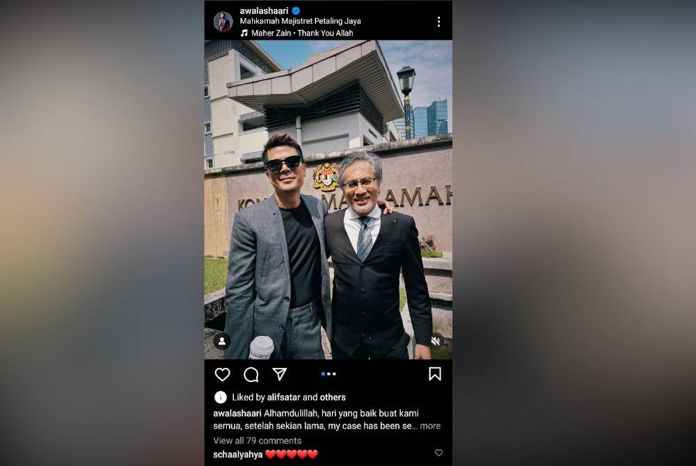 Awal (kiri) memuat naik gambar bersama peguamnya dengan hantaran menyatakan, kes dihadapinya di Mahkamah Majistret Petaling Jaya telah selesai, pada Selasa.