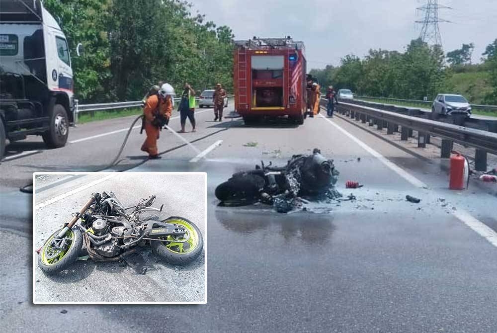 Anggota bomba memadam motosikal yang terbakar di Kilometer 87.0 Lebuh Raya Utara Selatan pada Khamis. Gambar kecil: Keadaan motosikal mangsa yang terbakar selepas merempuh belakang trak tentera di Kilometer 87.0 Lebuh Raya Utara Selatan pada Khamis.