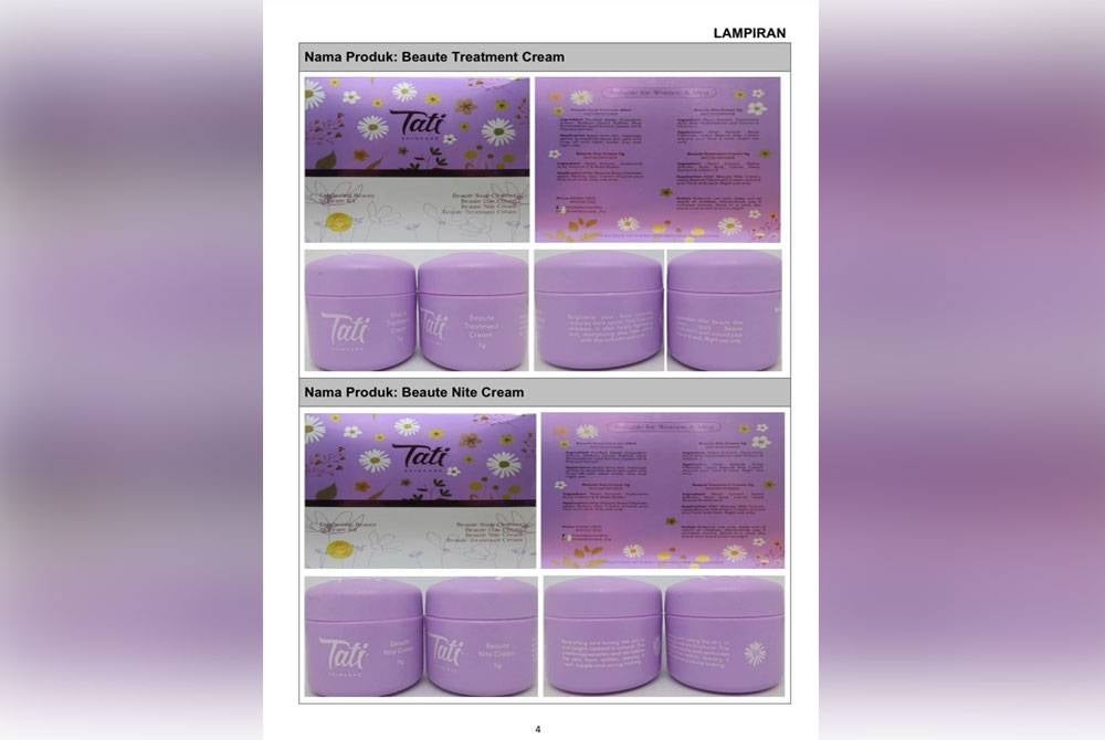Produk kosmetik yang dikesan mengandungi racun berjadual. - Foto Facebook KKM