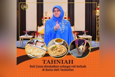 Raja Permaisuri Agong Tunku Azizah Aminah Maimunah Iskandariah menzahirkan rasa sukacita dan bangga kerana roti canai yang menjadi makanan kegemaran rakyat Malaysia dinobatkan sebagai roti terbaik di dunia oleh TasteAtlas, baru-baru ini. - Foto Facebook Istana Negara
