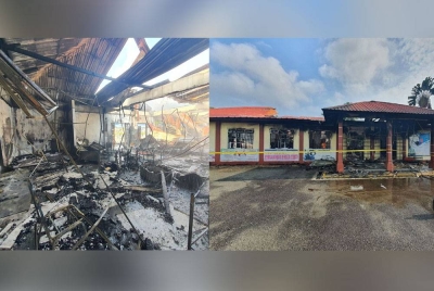 Keadaan Dewan SMKA Bugisiah yang terbakar pada awal pagi Ahad.
